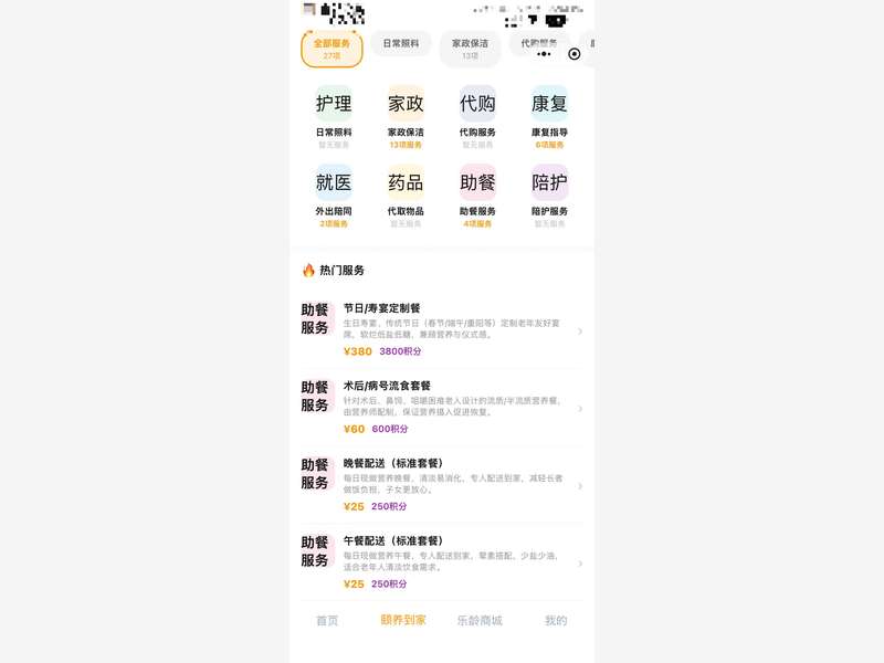 银龄管家小程序服务分类页,涵盖护理、家政、代购、康复、就医、药品、助餐、陪护等27项上门服务。(已脱敏处理)